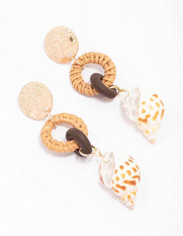 Worn Gold Woven Raffia & Shell Drop Earrings