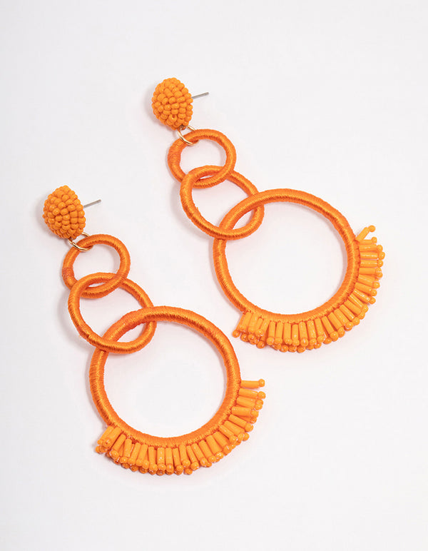 Orange Raffia Textured Circular Drop Earrings