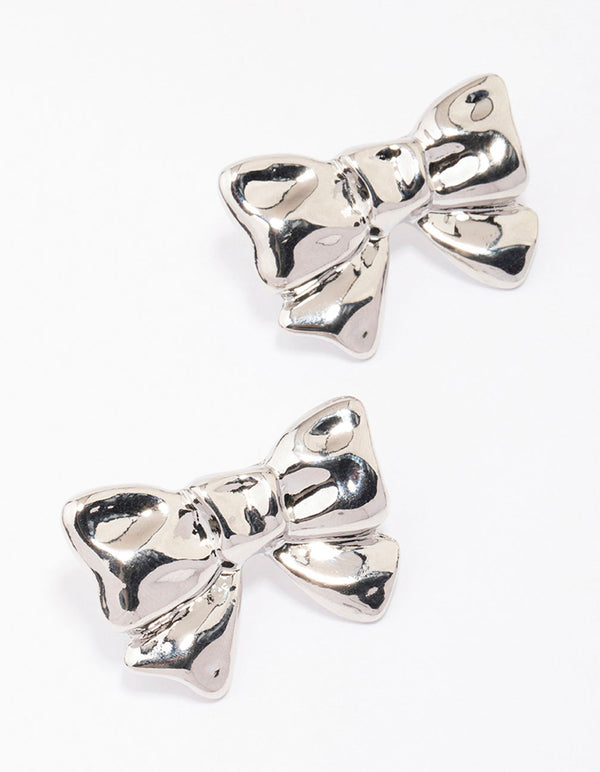 Silver Molten Bow Stud Earrings