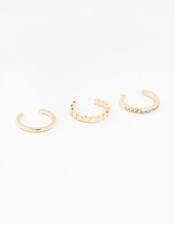 Gold Straight & Crystal Toe Rings 3-Pack