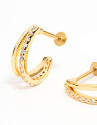 Gold Plated Surgical Steel Double Cubic Zirconia Hoop Flat Back 2-Pack - link has visual effect only