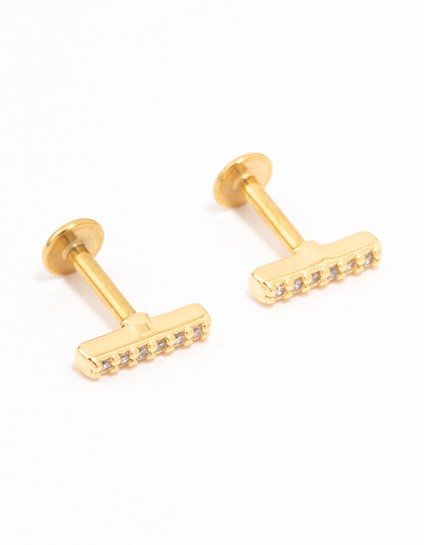 Gold Plated Surgical Steel Cubic Zirconia Bar Flat Backs 2-Pack