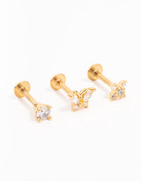 Gold Plated Surgical Steel Butterfly Flower Flat Back Earrings 3-Pack - link has visual effect only