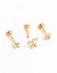 Gold Plated Surgical Steel Butterfly Flower Flat Back Earrings 3-Pack - link has visual effect only