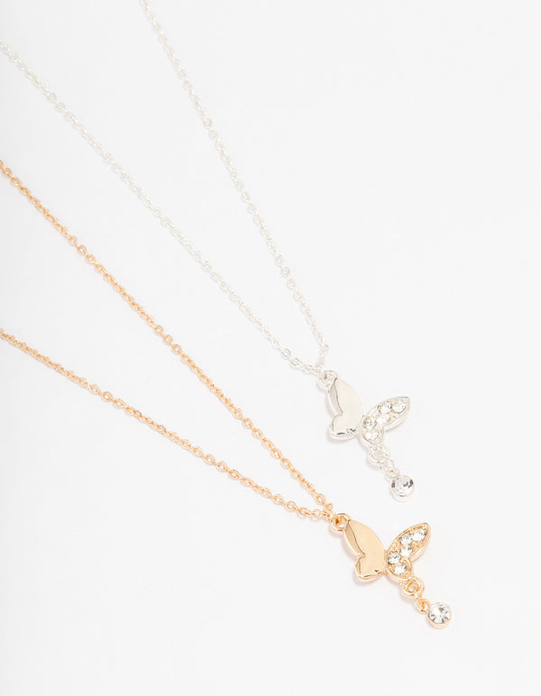 Mixed Metal Butterfly Diamante Necklace Pack