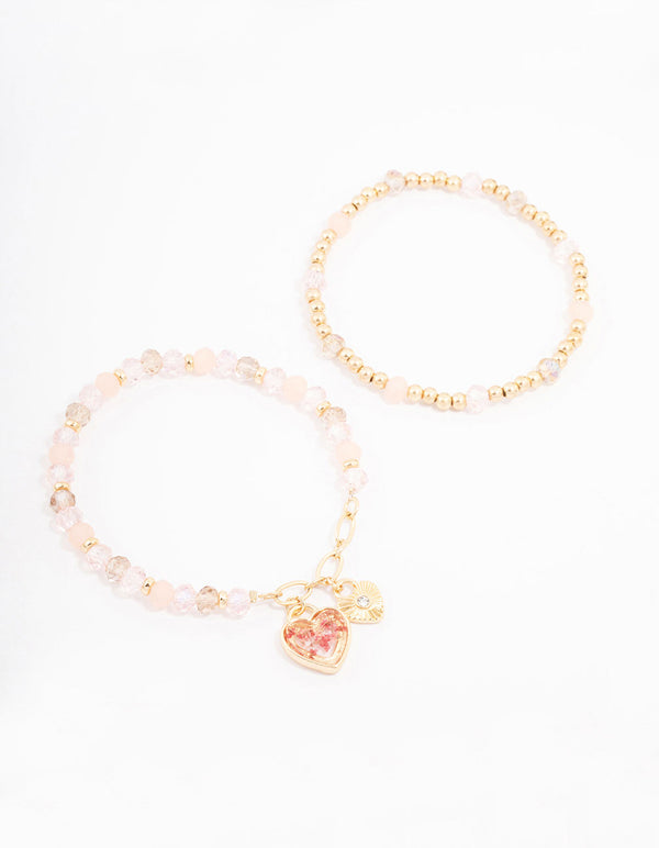 Gold Heart Charm Beaded Bracelet