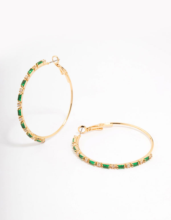 Gold Plated Emerald Round & Baguette Large Hoop Earrings