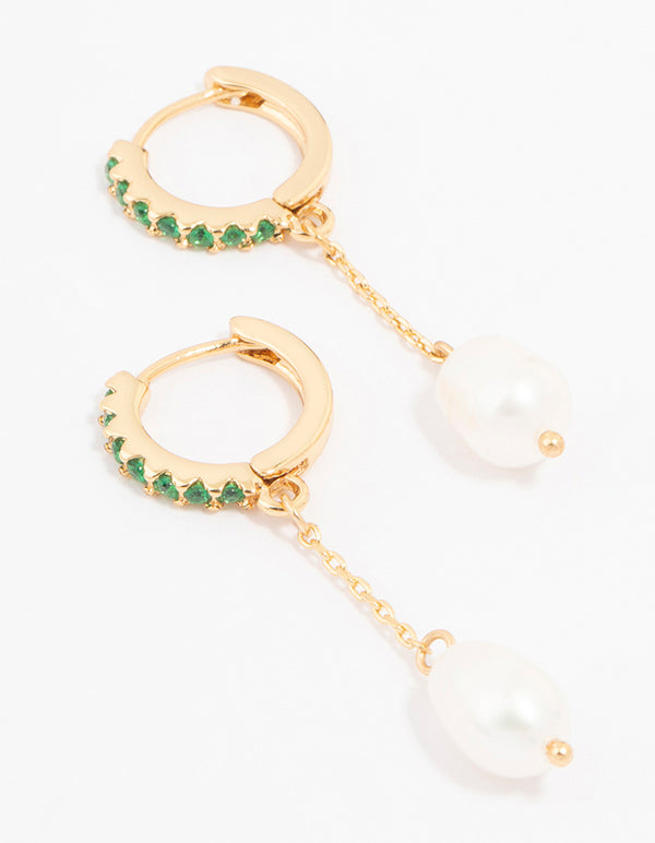 Gold Plated Cubic Zirconia Emerald & Freshwater Pearl Huggie Chain Drop Earrings