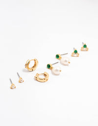 Gold Plated Emerald Stone & Pearl Earrings 4-Pack - link has visual effect only