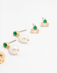 Gold Plated Emerald Stone & Pearl Earrings 4-Pack - link has visual effect only