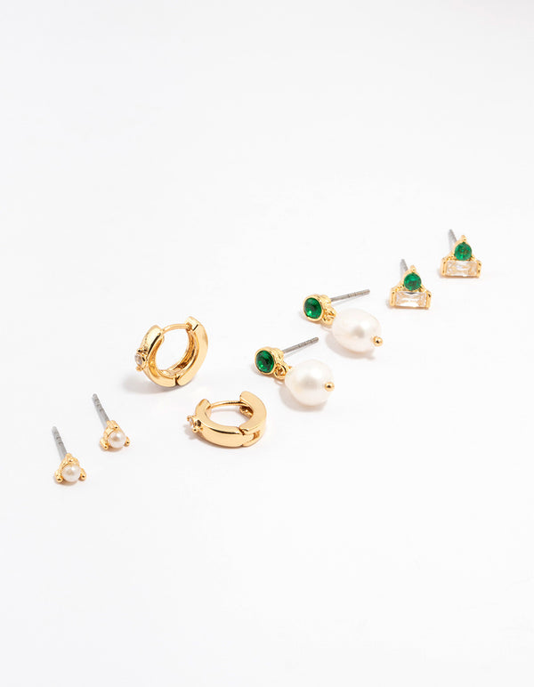 Gold Plated Emerald Stone & Pearl Earrings 4-Pack