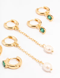 Gold Plated Oval Emerald & Freshwater Pearl Earrings 4-Pack - link has visual effect only