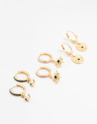 Gold Plated Emerald Celestial Huggie Earrings 3-Pack - link has visual effect only