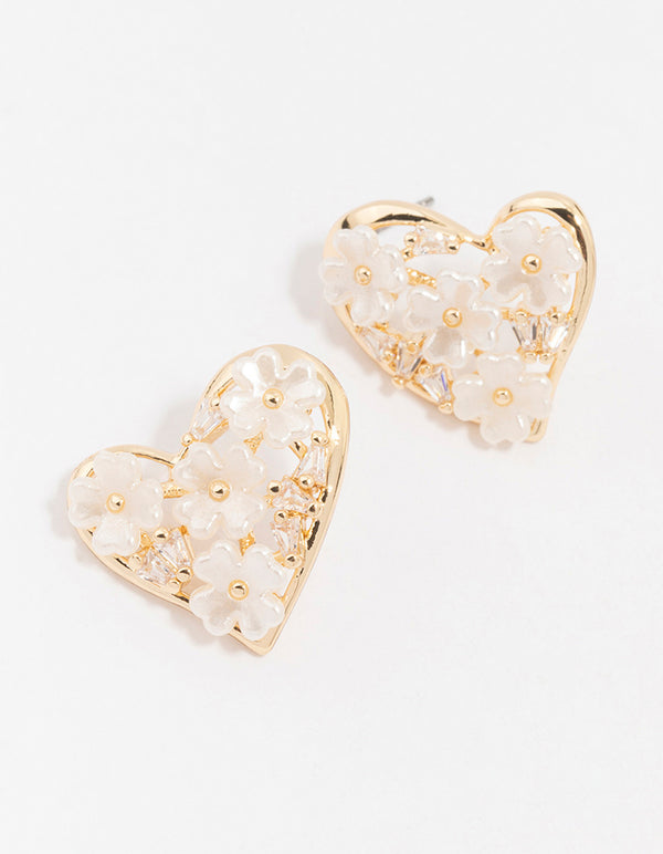 Gold Cubic Zirconia Flower Heart Stud Earrings