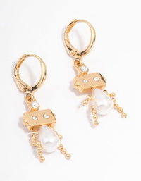 Gold Pearl Robot Huggie Hoop Earrings - link has visual effect only