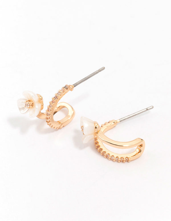 Gold Cubic Zirconia Flower Double Hoop Earrings