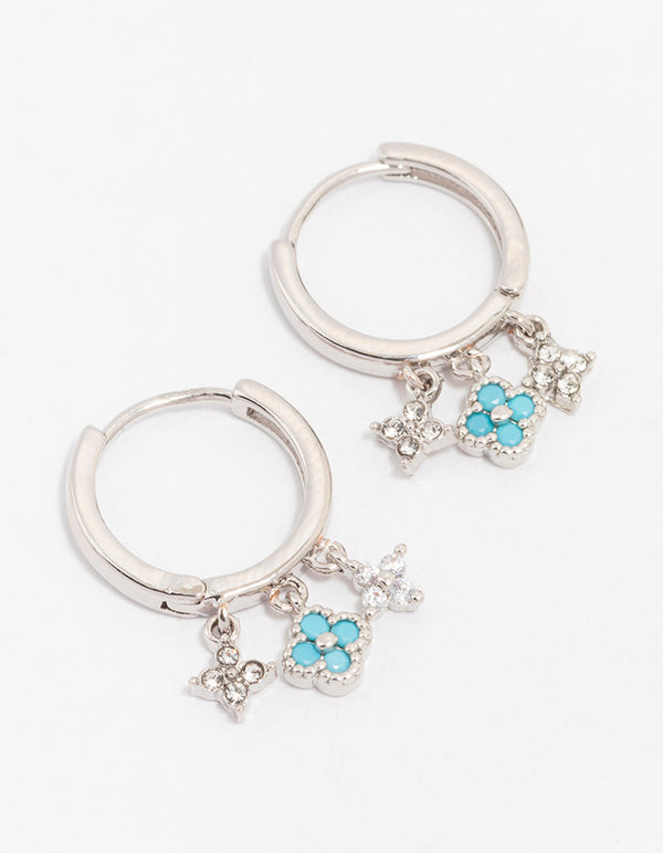 Rhodium Fine Triple Row Flower Huggie Hoop Earrings