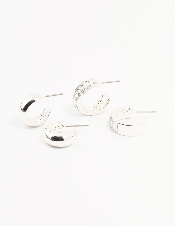 Silver Baguette & Diamante Hoop Earrings 2-Pack
