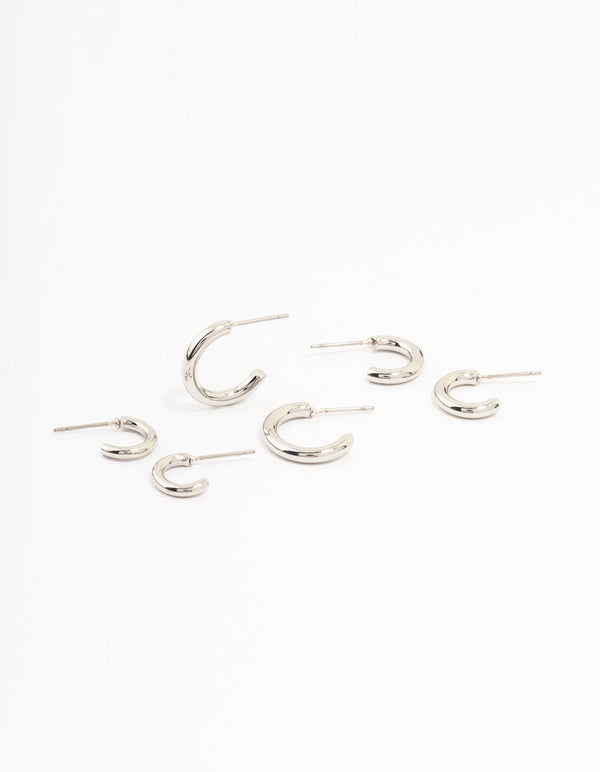 Rhodium Graduating Sized Huggie Earrings 3-Pack