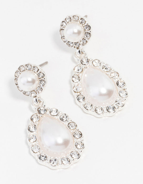 Silver Diamante Encased Pearl Drop Earrings