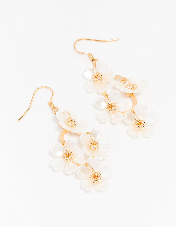 Gold Pearl Flower Vine Drop Earrings