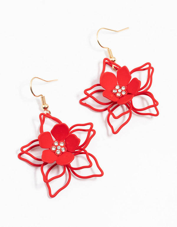 Red Gold Wire Pearl Flower Drop Earrings