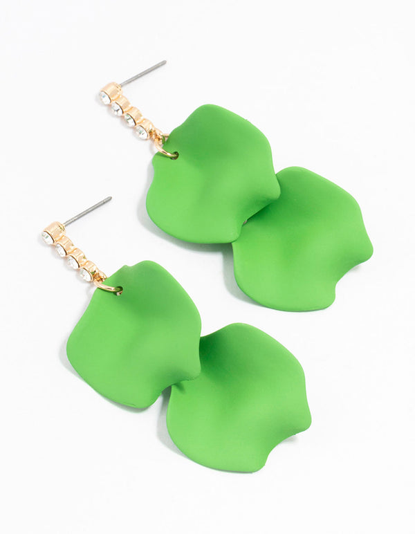 Green Gold Cup Chain Double Petal Drop Earrings