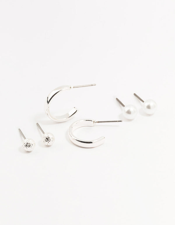 Silver Pearl Stud & Hoop Earrings 3-Pack