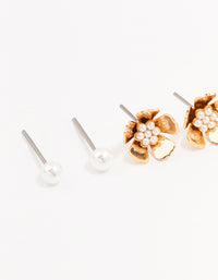 Gold Pearl Flower Stud Earrings 3-Pack - link has visual effect only