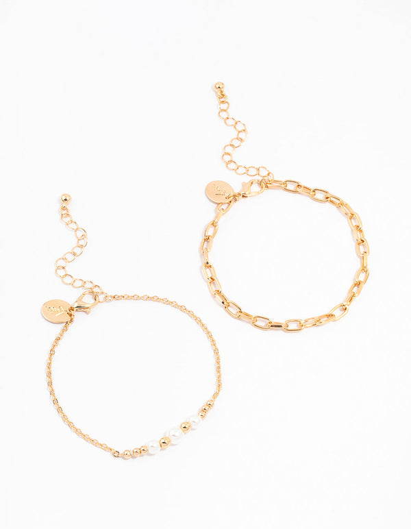 Gold Chain Link & Pearl Bracelets 2-Pack