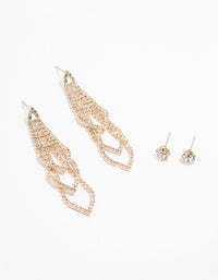 Gold Diamante Studs & Oval Dangly Earrings 2-Pack - link has visual effect only