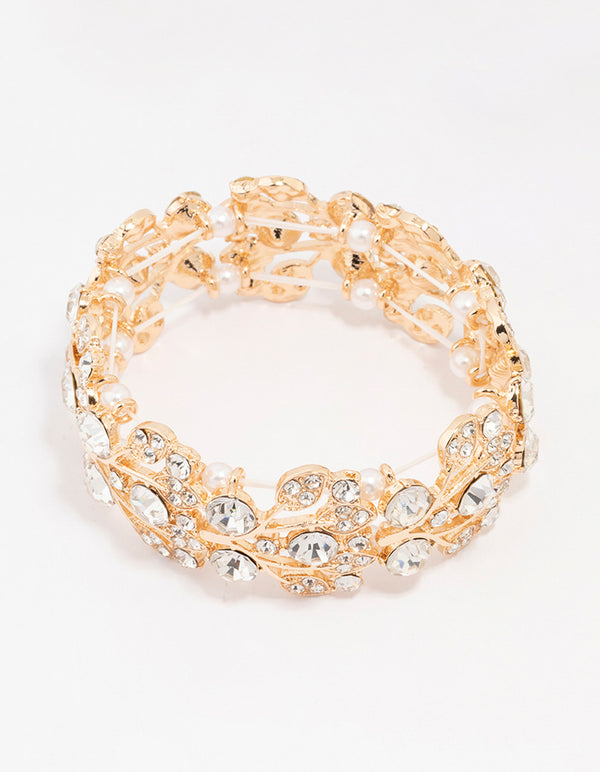 Gold Diamante Pearl Stretch Bracelet