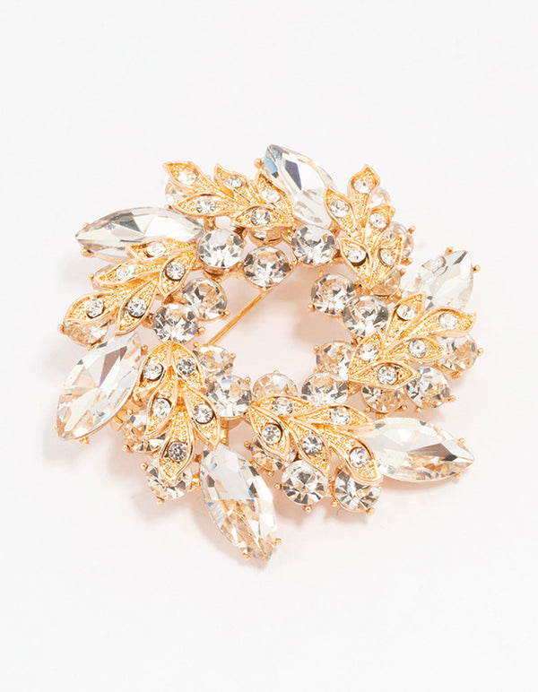 Gold Diamante Leaf Round Brooch