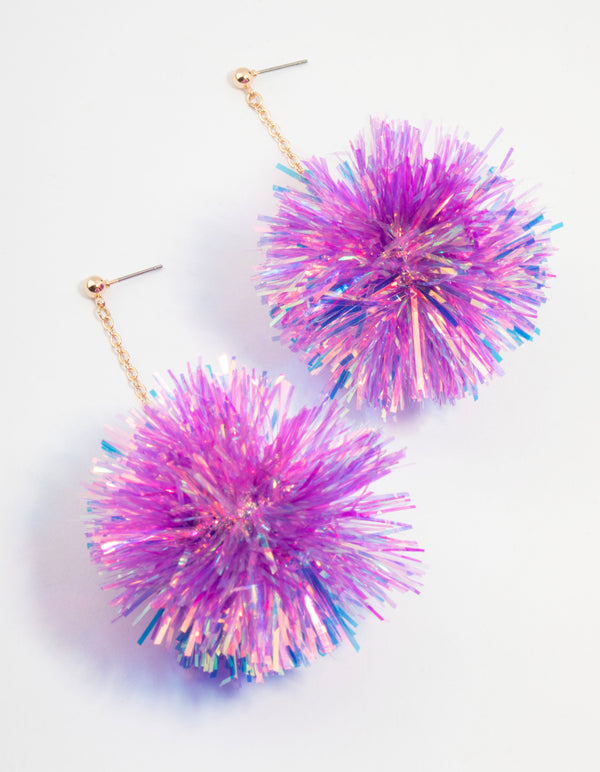 Gold & Pink Pom Pom Drop Earrings