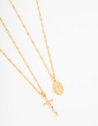 Gold Plated Mary Hammered Cross Necklace 2-Pack - link has visual effect only