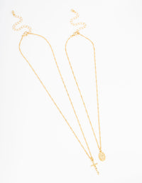 Gold Plated Mary Hammered Cross Necklace 2-Pack - link has visual effect only