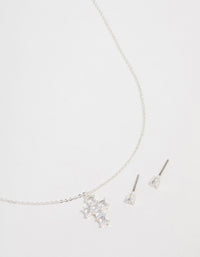 Silver Plated Cubic Zirconia Mini Cross Necklace & Stud Earrings Set - link has visual effect only