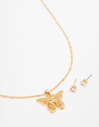 Gold Plated Cubic Zirconia Butterfly Necklace & Stud Earrings - link has visual effect only