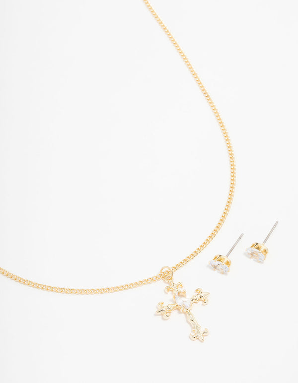 Gold Plated Ornate Necklace & Stud Earrings Set