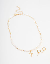 Gold Plated Freshwater Pearls Cross Necklace & Huggie Earrings Set - link has visual effect only