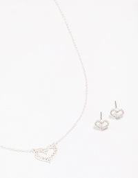 Silver Open Diamante Heart Necklace & Stud Earrings Set - link has visual effect only