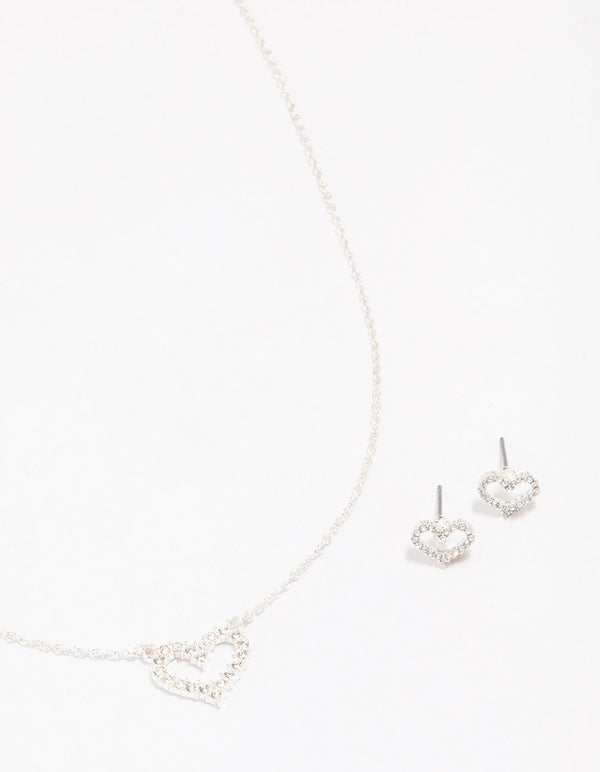 Silver Open Diamante Heart Necklace & Stud Earrings Set