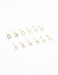 Gold Plated Stainless Steel Cubic Zirconia Stud Earrings 6-Pack - link has visual effect only