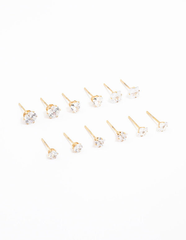 Gold Plated Stainless Steel Cubic Zirconia Stud Earrings 6-Pack