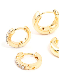 Gold Plated Diamante & Plain Huggie Earrings 2-Pack - link has visual effect only