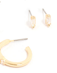 Gold Plated Cubic Zirconia Baguette Stud & Hoop Earrings 2-Pack - link has visual effect only