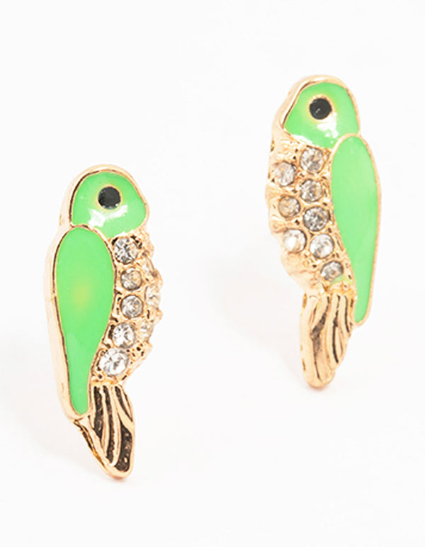 Green Gold Epoxy Parrot Stud Earrings