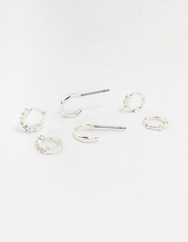 Silver Mixed Diamante Huggie Hoop Earrings 3-Pack