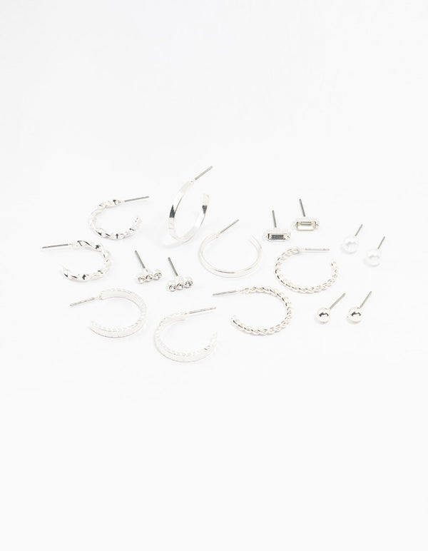 Silver Diamante & Pearl Hoop Earrings 8-Pack