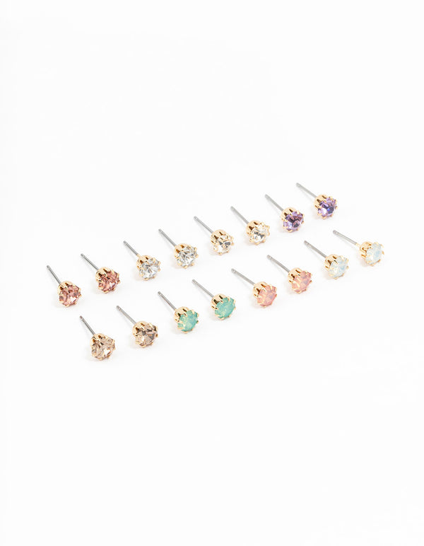 Gold Pastel Diamante Stud Earrings 8-Pack